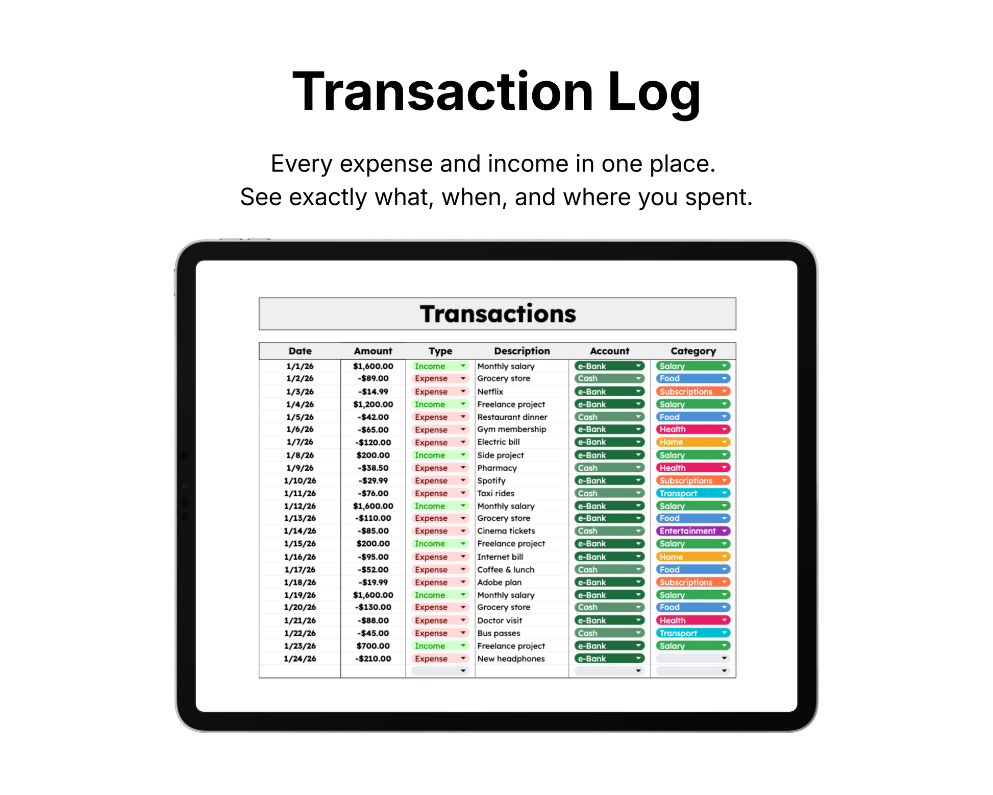 Digital tablet displaying a transactions list with colorful categories on a white background