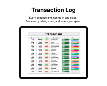 Digital tablet displaying a transactions list with colorful categories on a white background