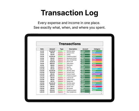 Digital tablet displaying a transactions list with colorful categories on a white background