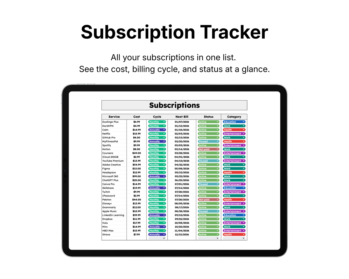Tablet displaying a subscriptions list with colorful icons on a white background