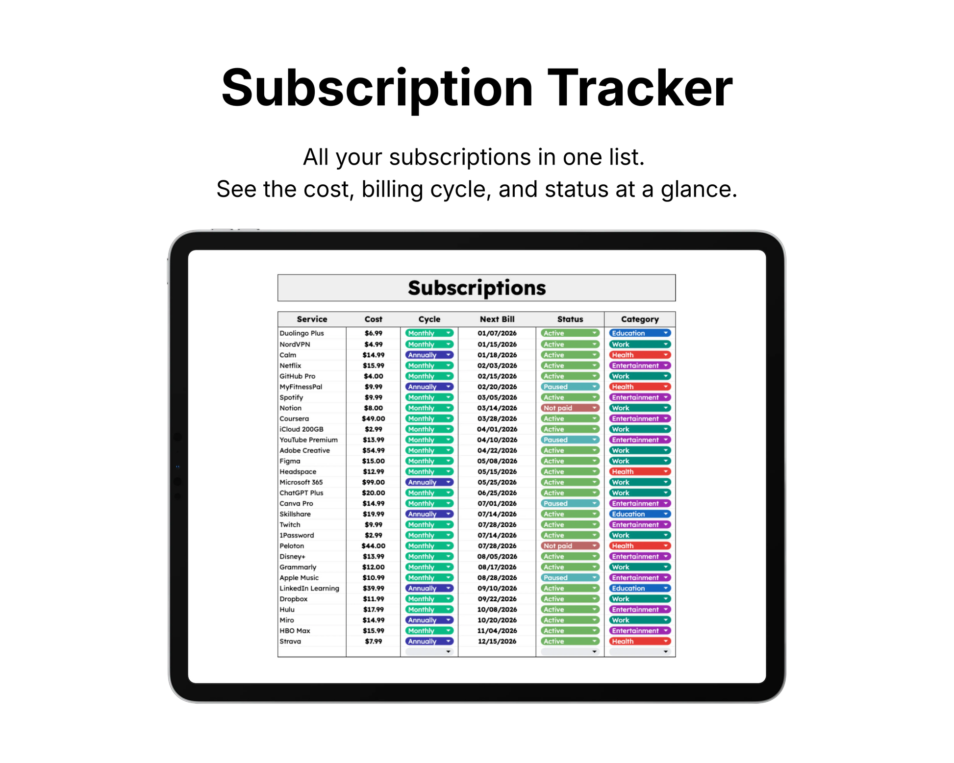 Tablet displaying a subscriptions list with colorful icons on a white background