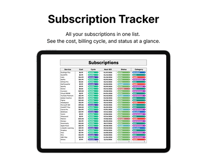 Tablet displaying a subscriptions list with colorful icons on a white background